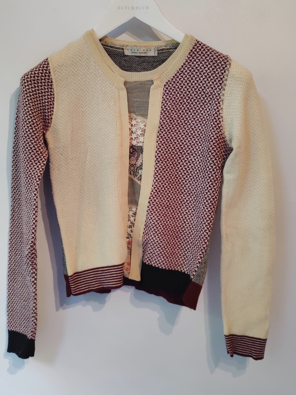 Simona Barbieri Twin Set Cream and Burgundy Knit Wool Blend Sweater